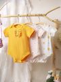 3pcs/Set Baby Girls' Solid Color And Printed Short Sleeve Bodysuit With Daisy, Sun, Face, Rainbow And Polka Dot Pattern