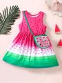 SHEIN Kids QTFun Toddler Girls' Cute Gradient Watermelon Printed Dress With Matching Bag