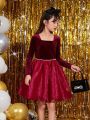 SHEIN Kids KDOMO Tween Girl Square Neck Velvet Dress Without Belt