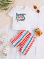 Baby Girls' Casual Printed T-Shirt And Striped Printed Shorts 2pcs Set