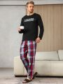 Men's Slogan Printed Long-sleeved T-shirt And Plaid Pants Homewear Set