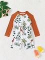 Baby Boy Tropical Print Zip Front One-Piece Swimsuit For Summer Beach Holiday And Playing In Water