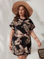 SHEIN VCAY Plus Size Ladies' Batwing Sleeve Dress With Plant Print