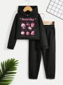 Girls Casual Cartoon Pattern Hooded Sweatshirt And Sweatpants Two-piece Set Suitable For Autumn And Winter