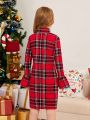 SHEIN Kids FANZEY Tween Girl 1pc Plaid Print Bow Front Flounce Sleeve Dress