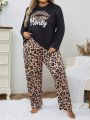 Plus Size Loungewear Set With Word And Leopard Printed Round-neck Pullover Top