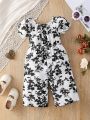 Baby Girls' Casual And Elegant Floral Bubble Sleeve Romper