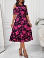 SHEIN Lady Women's Floral Print Mesh Patchwork Cold-Shoulder Dress