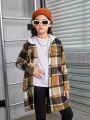 SHEIN Tween Girl Plaid Print Hooded Neck Dual Pocket Coat