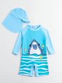 Baby Boy's Shark Printed Long Sleeve One-Piece Swimsuit With Hat