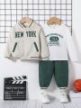 SHEIN Baby Boy Letter Graphic Striped Trim Varsity Jacket & Pants & Tee