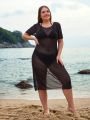 SHEIN Swim Basics Large Size 1pc Short-Sleeved See-Through Mesh Cover Up Dress