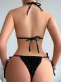 SHEIN Swim Vcay Bow Decorated V-Neck Halter Bikini Swimsuit Set