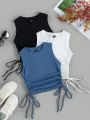 SHEIN Solid Color Side Drawstring Sleeveless Vest Top