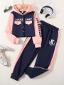 Tween Girl Letter Graphic Two Tone Hooded Jacket & Sweatpants