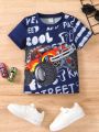 SHEIN Kids QTFun Young Boy's Letter Print Short Sleeve T-Shirt With Off-Road Vehicle Design