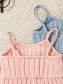 SHEIN Baby Girl Casual Knitted Solid Color Cami Romper 3pcs/Set