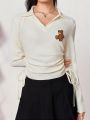 SHEIN Qutie Cartoon Bear Embroidered Iron-On Patch Drawstring Side V-Collar T-Shirt