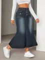 Raw Hem Denim Skirt With Washed Design