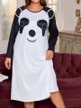 Plus Size Women's Casual Long Sleeve Panda Printed Long Dress