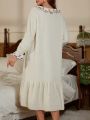 Maternity Floral Embroidered Ruffle Detail Flannel Nightgown