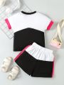 SHEIN Kids EVRYDAY Young Girls' Summer Fashionable 2pcs/Set Letter Printed Color Block T-Shirt And Shorts Outfit