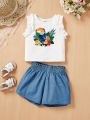 SHEIN Baby Girl's Casual Parrot Print Ruffle Sleeveless Top And Denim Shorts Set For Summer Vacation