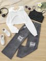 SHEIN Kids HYPEME Tween Girls Sport Street Style Knitted Sweatshirt, Cami Top And Denim Look Pants