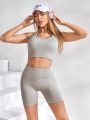 SHEIN Yoga Basic Women's Backless Crop Top And Wide Waistband Short Leggings Sports Set