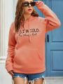 Slogan Graphic Kangaroo Pocket Drawstring Thermal Lined Hoodie