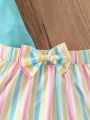 Baby Girls' Sweet Bear & Letter Printed Top And Striped Skirt Set