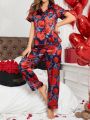 Ladies' Floral Printed Short Sleeve Shirt And Long Pants Pajama Set