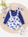 Infant Baby Girls' Floral Patchwork Bodysuit With Ruffle Trim And Headband