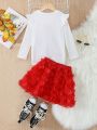 SHEIN Kids Nujoom 2pcs/Set Young Girls' Figure Printed Long Sleeve T-Shirt With Ruffle Trim & 3d Floral Decor Mesh Skirt