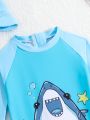 Baby Boy's Shark Printed Long Sleeve One-Piece Swimsuit With Hat
