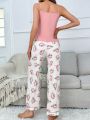 Women'S Cami Tank Top And Flower Printed Pajama Set