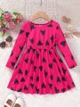 SHEIN Kids EVRYDAY Little Girls' Crew Neck Long Sleeve A-Line Dress With Heart Print And Cinched Waist For Spring And Autumn