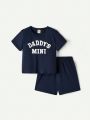 Cozy Cub 4pcs/Set Baby Boys' Letter Printed Short Sleeve Top & Shorts With Round Collar And Regular Shoulder