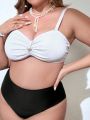 SHEIN Swim Chicsea Plus Size Pearl Decorated Ruffle Bikini Swimsuit Set, 2pcs