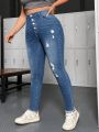 Women's Plus Size Button Front Distressed Denim Jeans