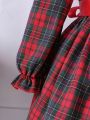 Young Girl Tartan Print Peter Pan Collar Bow Front Dress