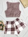 Women's Plus Size Flannel Vest And Plaid Pants Pajama Set