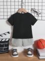 SHEIN Baby Boy Basketball & Letter Pattern Short Sleeve T-Shirt And Shorts Casual Sports Outfits