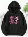 Letter & Cartoon Printed Drawstring Hooded Drop Shoulder Sweatshirt