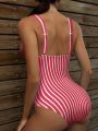 SHEIN Swim Vcay Striped Plunging Neck One Piece Swimsuit