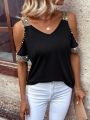 Off-Shoulder Neckline Beaded V-Neck T-Shirt