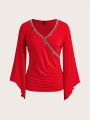 SHEIN Lady Women's Diamond Pleated T-shirt