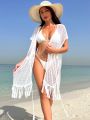 SHEIN Swim BohoFeel Hollow Out Fringe Hem Tie Front Kimono