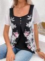 Women's Short Sleeve Shirt With Floral Print And Patchwork