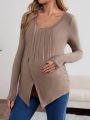 SHEIN Maternity Round Neck Loose T-shirt With Pleated Decoration